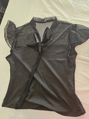 SHEIN Black Sheer Dot Yoke Tie-Front Blouse
